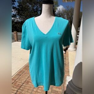 Lacoste Aqua Turquoise Women's V-Neck Top | 
 Size 42 Classic Croc Logo